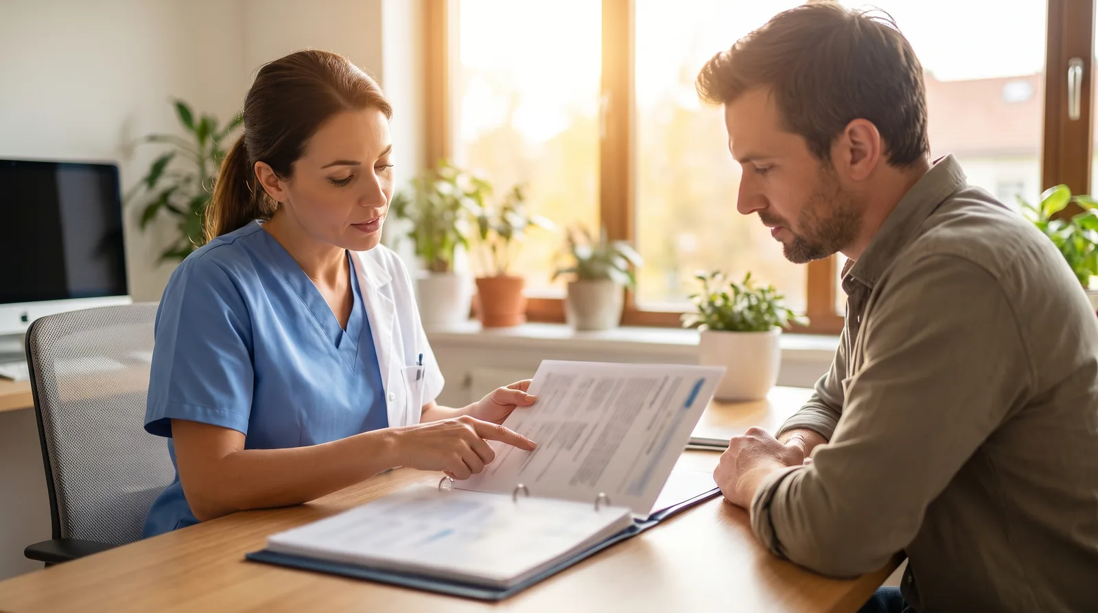 Dentist explaining a warranty document to a patient at a consultation table, pointing to a section, text out of focus
