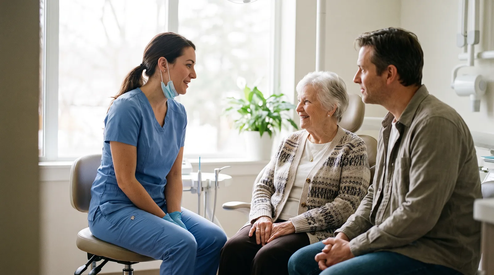 Dental hygienist speaking calmly with an elderly patient and her adult son in a quiet operatory