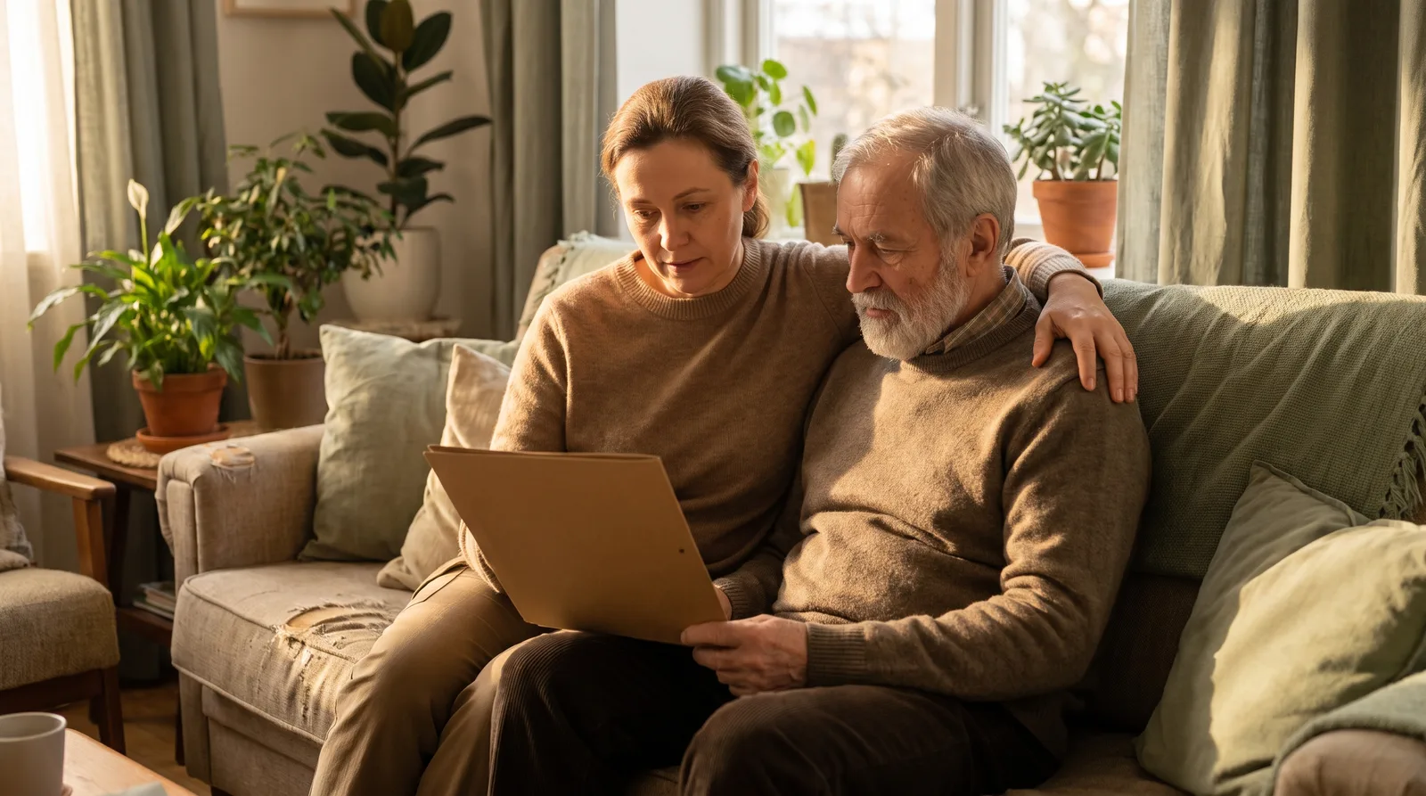 Adult daughter sitting beside her elderly father on a sofa, both looking at a folder together, warm afternoon light