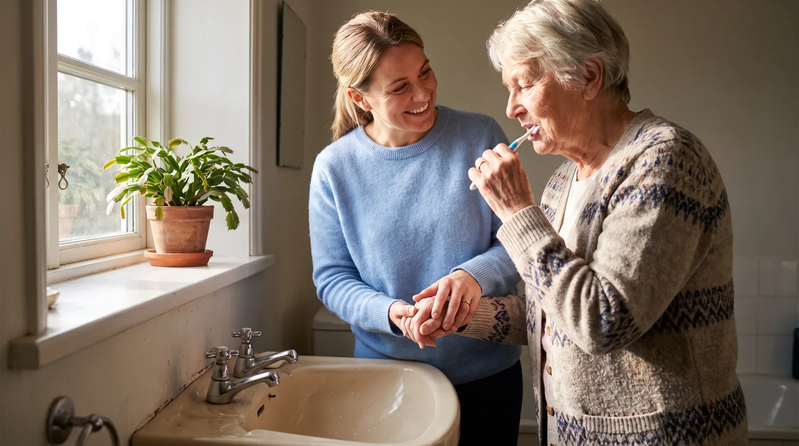 Caregiver gently helping an elderly woman brush her teeth at a bathroom sink, soft light, patient expression