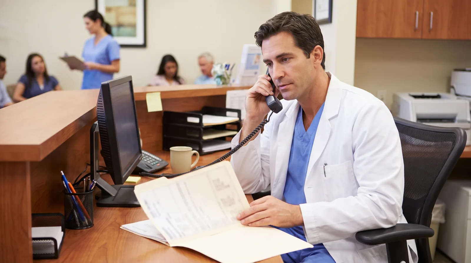 Surgeon on the phone at a clinic desk with a patient's chart open, coordinating with another physician