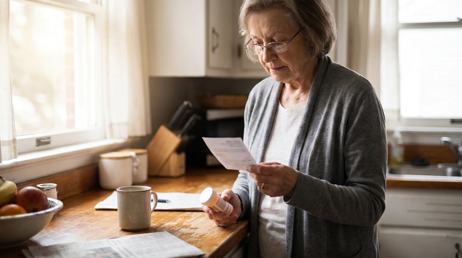 Older woman holding a prescription bottle while reading its label at a kitchen counter, label out of focus