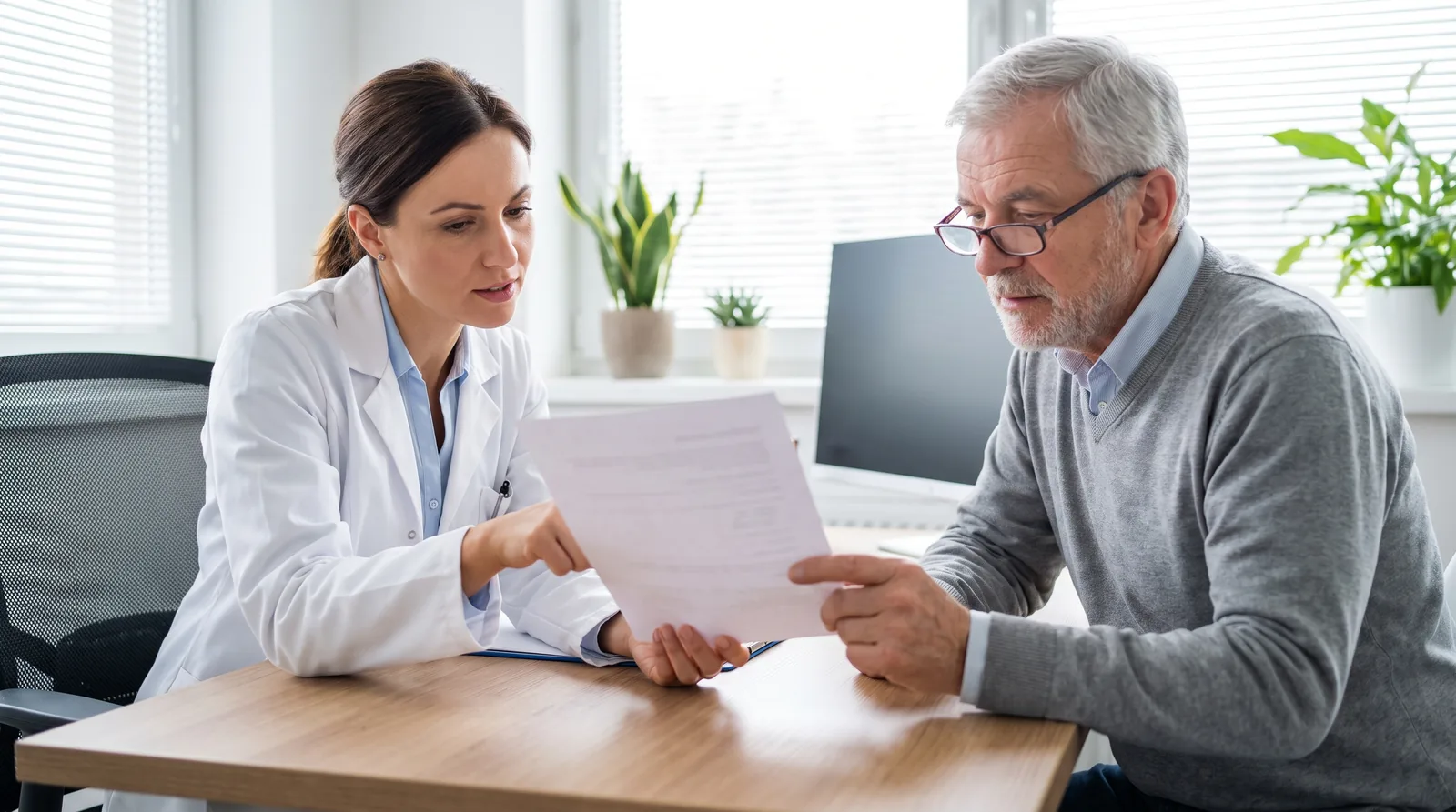 Rheumatologist and patient reviewing a medication list together in a bright clinic office, papers out of focus