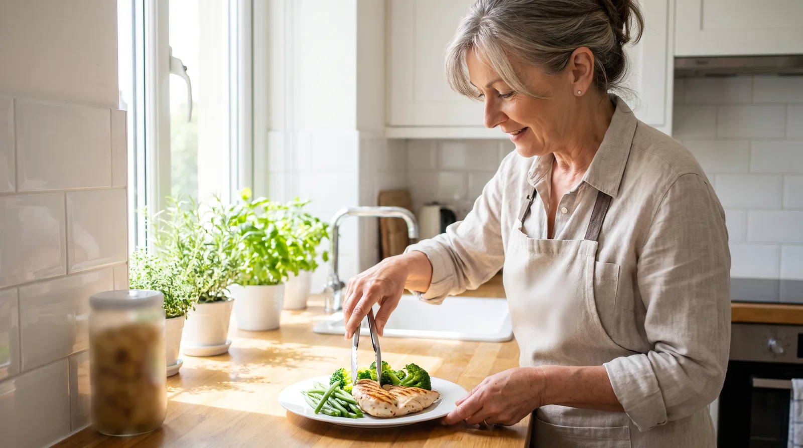 Older woman preparing a plate of grilled chicken and green vegetables in a home kitchen, face visible, bright natural light