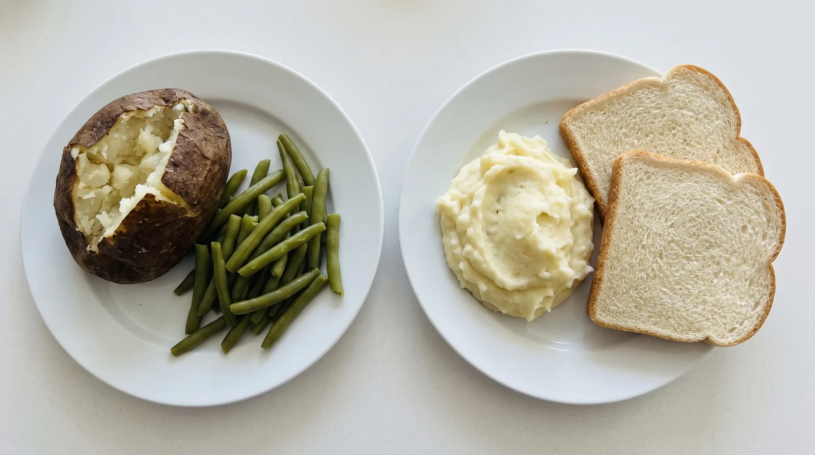 Two plates side by side, one with a whole baked potato and green beans, the other with mashed potato and white bread, overhead view on a plain surface