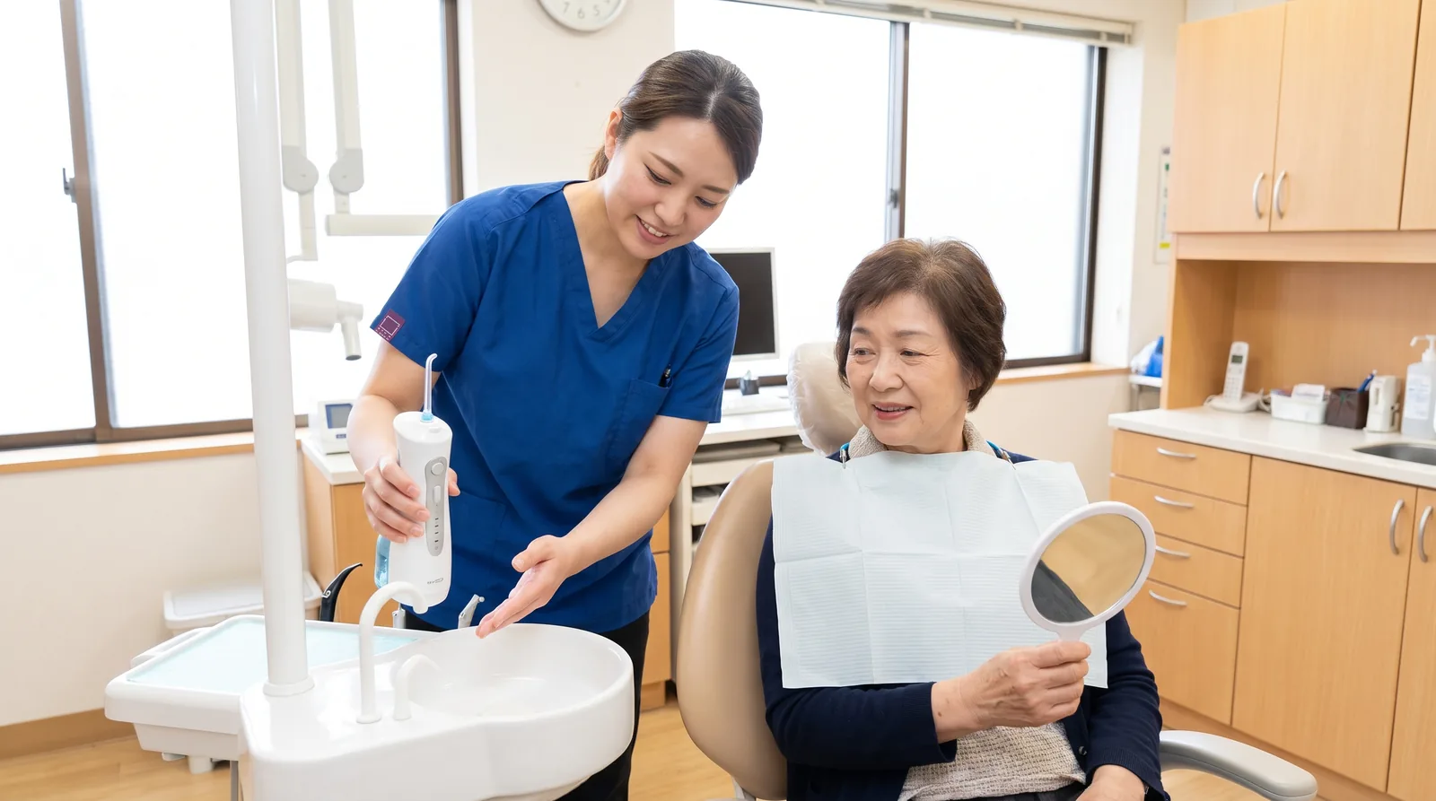 Dental hygienist showing a patient how to use a water flosser around an implant at a clinic sink
