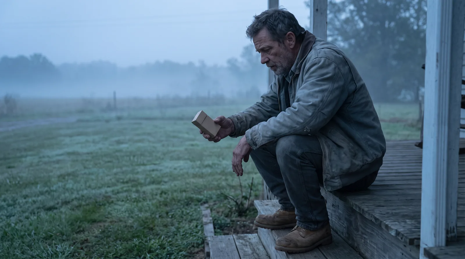 Man in his fifties sitting on a porch step at dawn looking thoughtfully at a cigarette pack in his hand, muted light