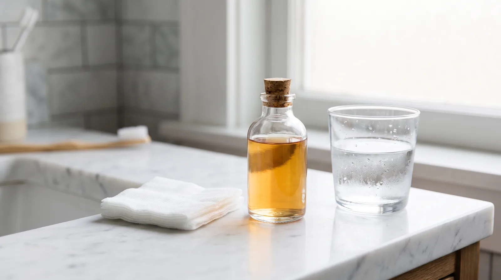 Close-up of gauze and a small bottle of mouth rinse on a bathroom counter beside a glass of water