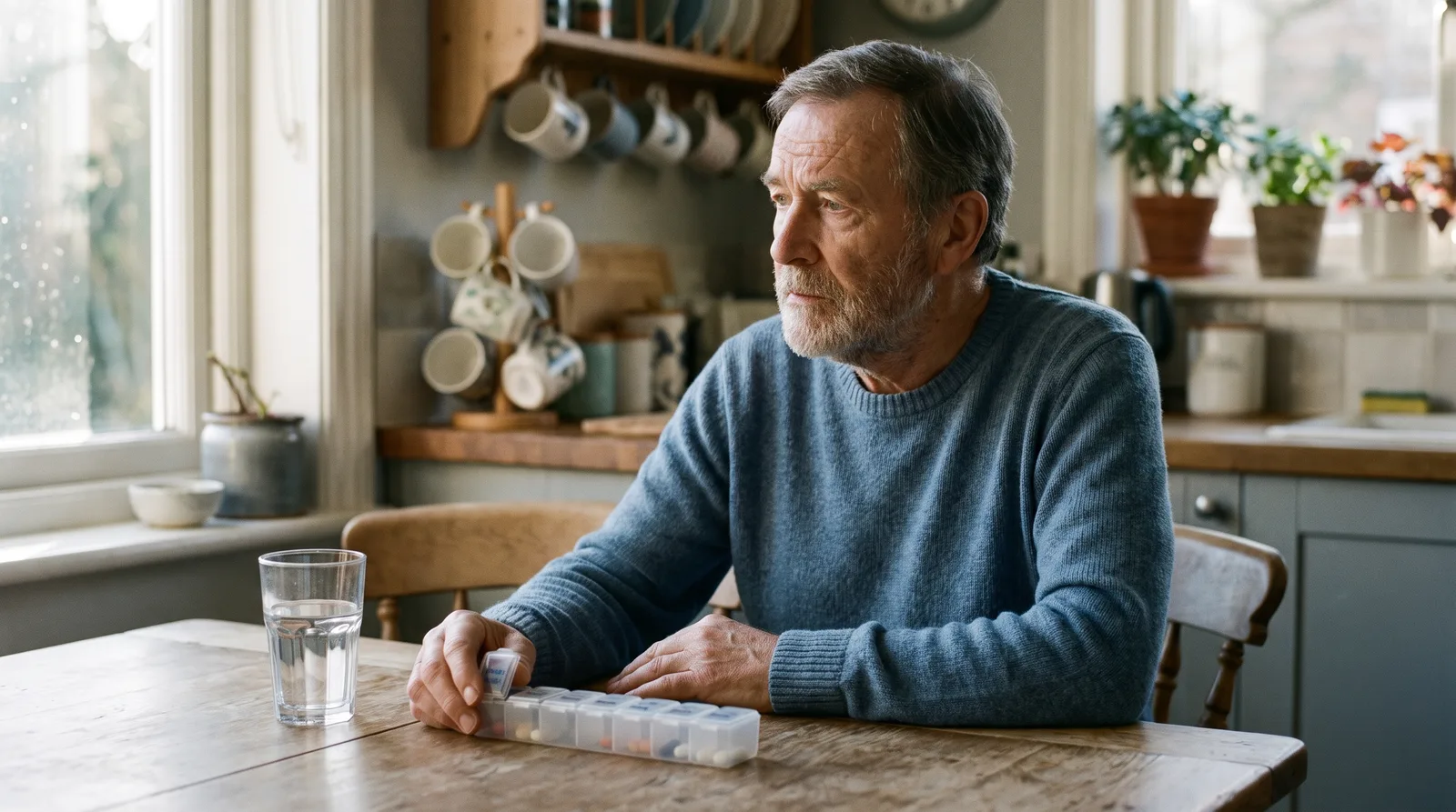 Older man at a kitchen table with a weekly pill organizer and a glass of water, morning light, calm