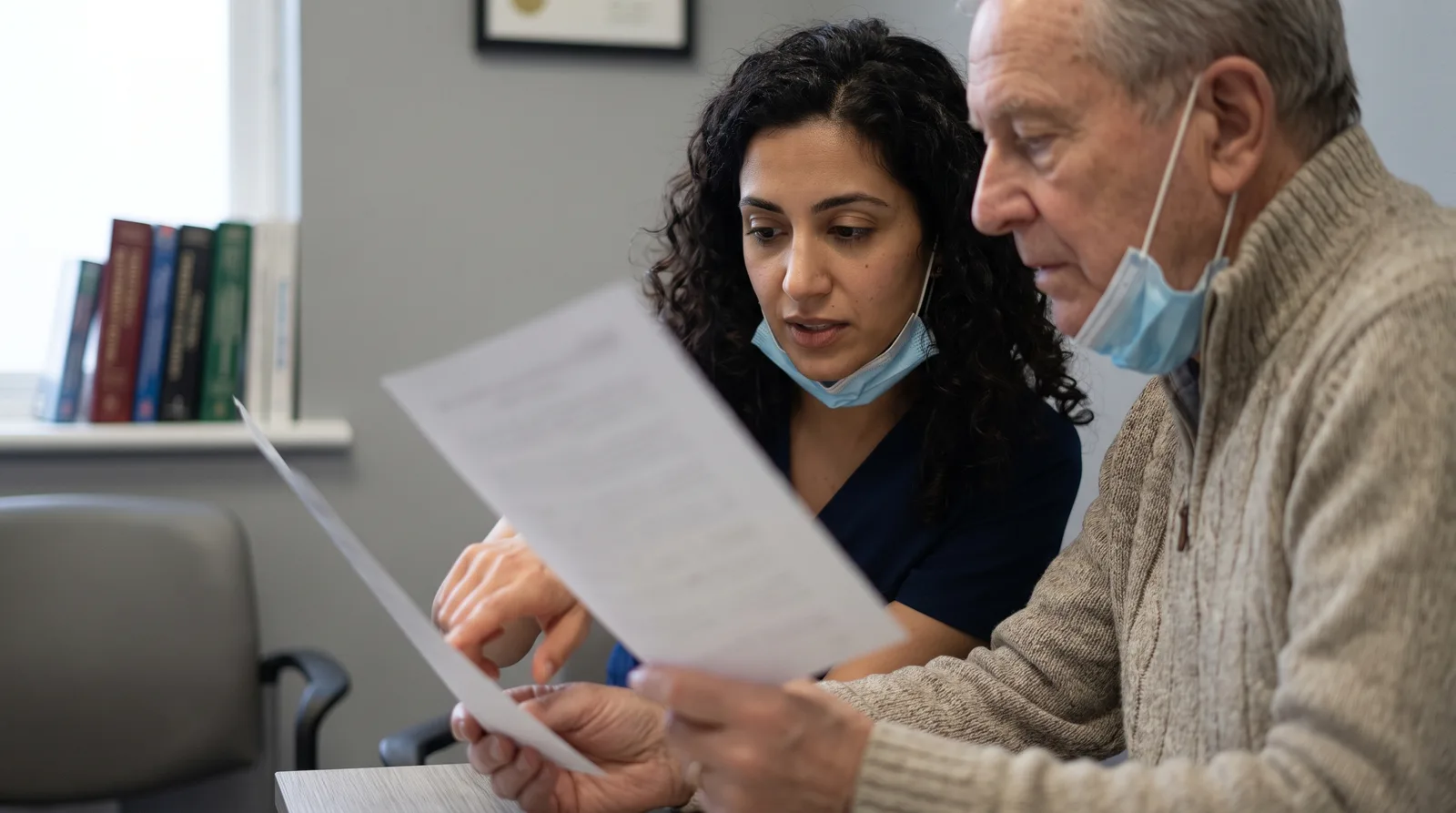 Surgeon and patient reviewing a medication list together in a consultation room, the paper out of focus