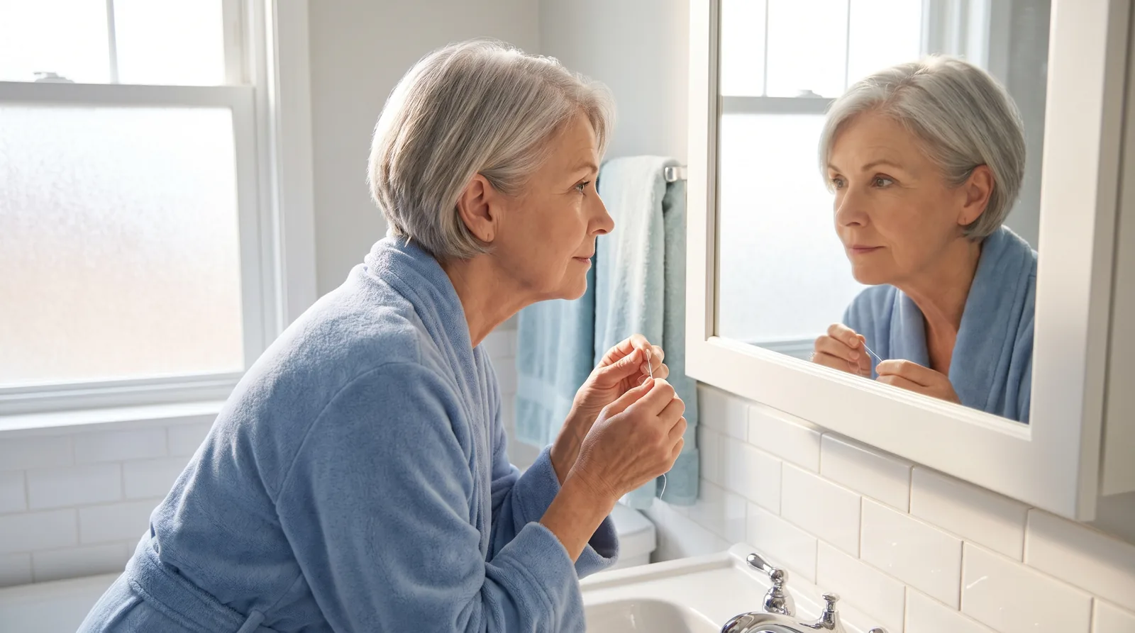 Woman in her sixties flossing carefully at a bathroom mirror, morning light, calm expression
