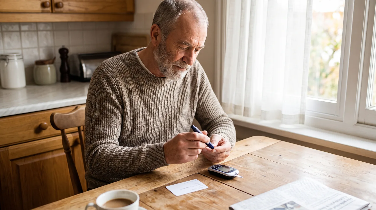 Older man checking his blood glucose with a meter at a kitchen table, morning light, a dental appointment card beside him