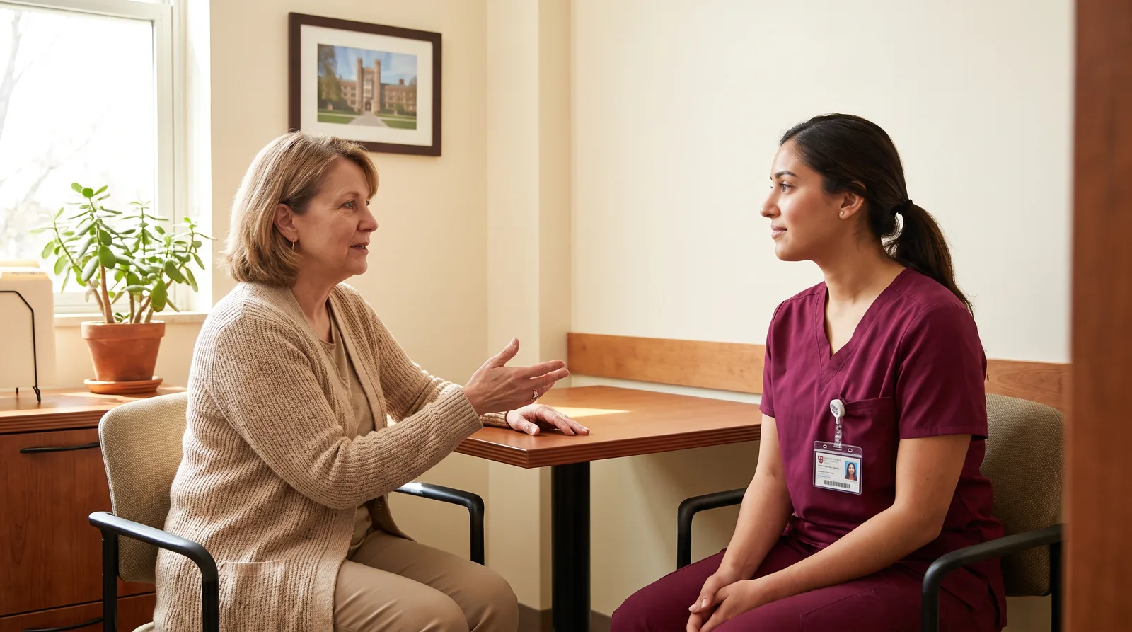 Financial aid advisor and dental student talking across a desk in a small office, both faces visible in three-quarter profile, a framed campus photograph on the wall, daylight
