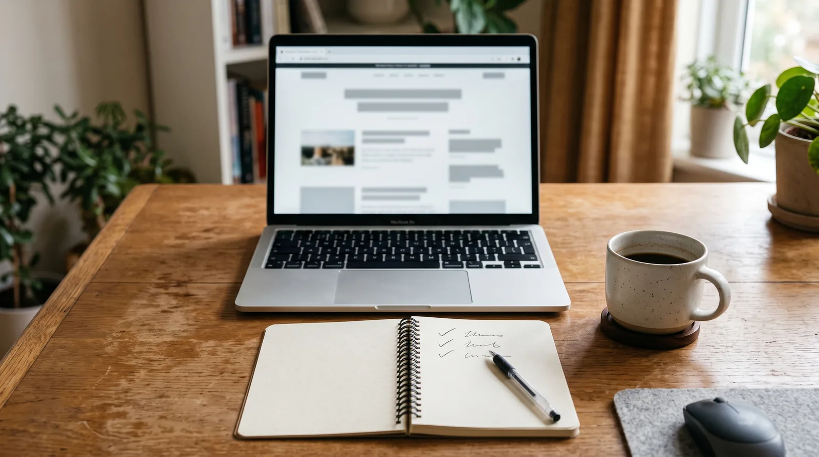Desk with a laptop showing a blurred business listing page, a notepad with a checklist, and a coffee mug