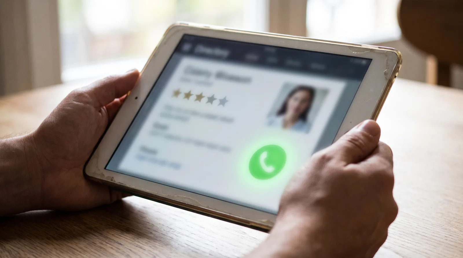 Close-up of a tablet showing a blurred directory listing with a star rating, photo, and a call button, no readable text