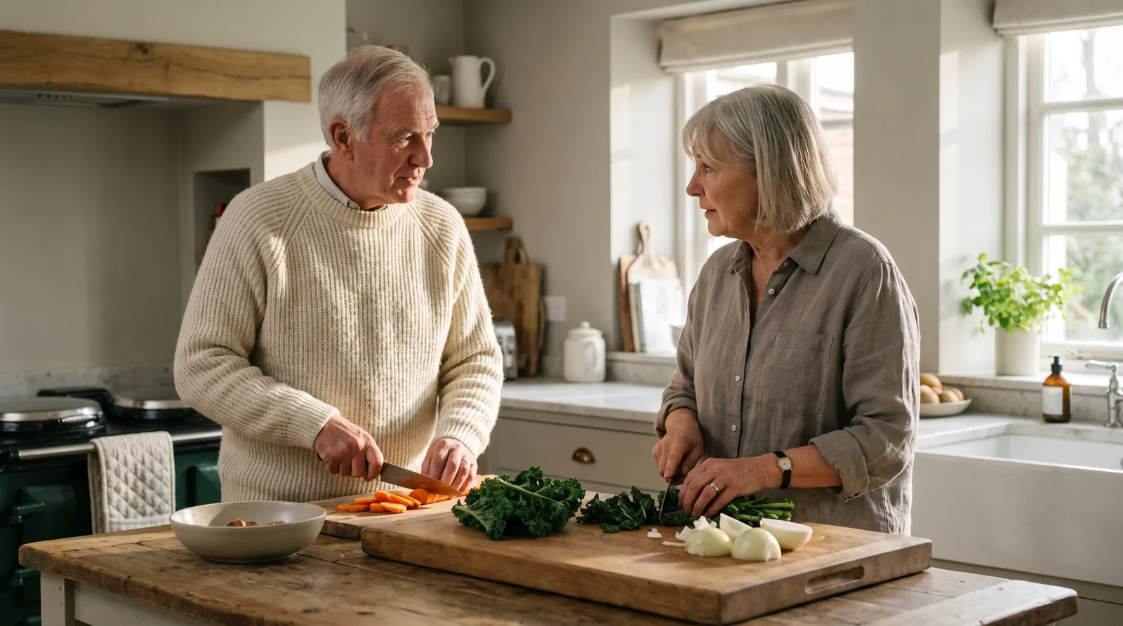 Older couple preparing a meal together at a kitchen island with whole vegetables and a cutting board, both faces visible, warm light