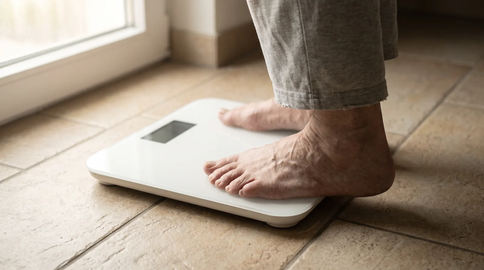 Bathroom scale on a tiled floor with an older person's feet stepping onto it, morning light, neutral framing