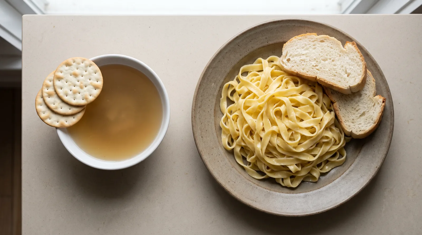 Split kitchen scene showing a bowl of soup and crackers on one counter and a dense plate of pasta and white bread on another