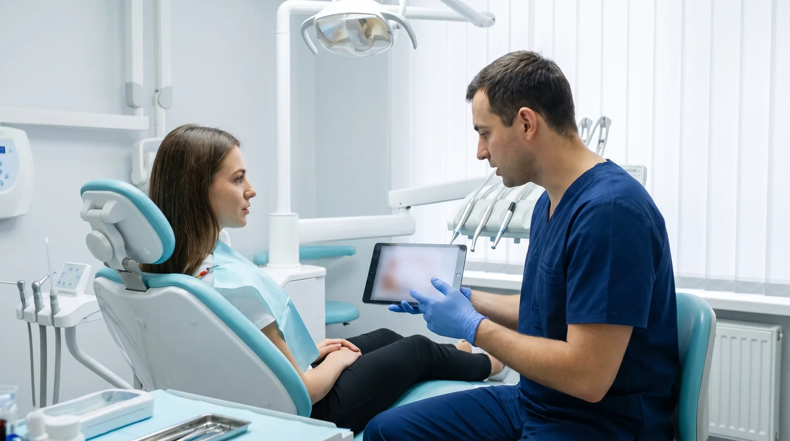 Patient in a dental chair listening as a surgeon explains a treatment timeline on a tablet turned toward her