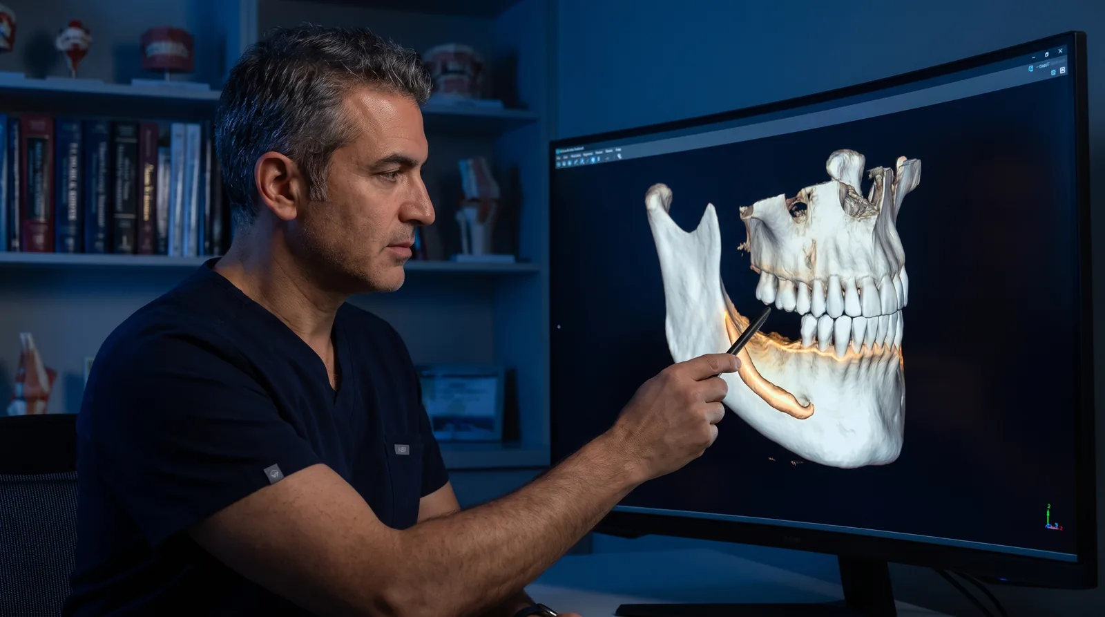 Oral surgeon studying a 3D jaw model on a monitor with a thin ridge of bone highlighted, dim planning room