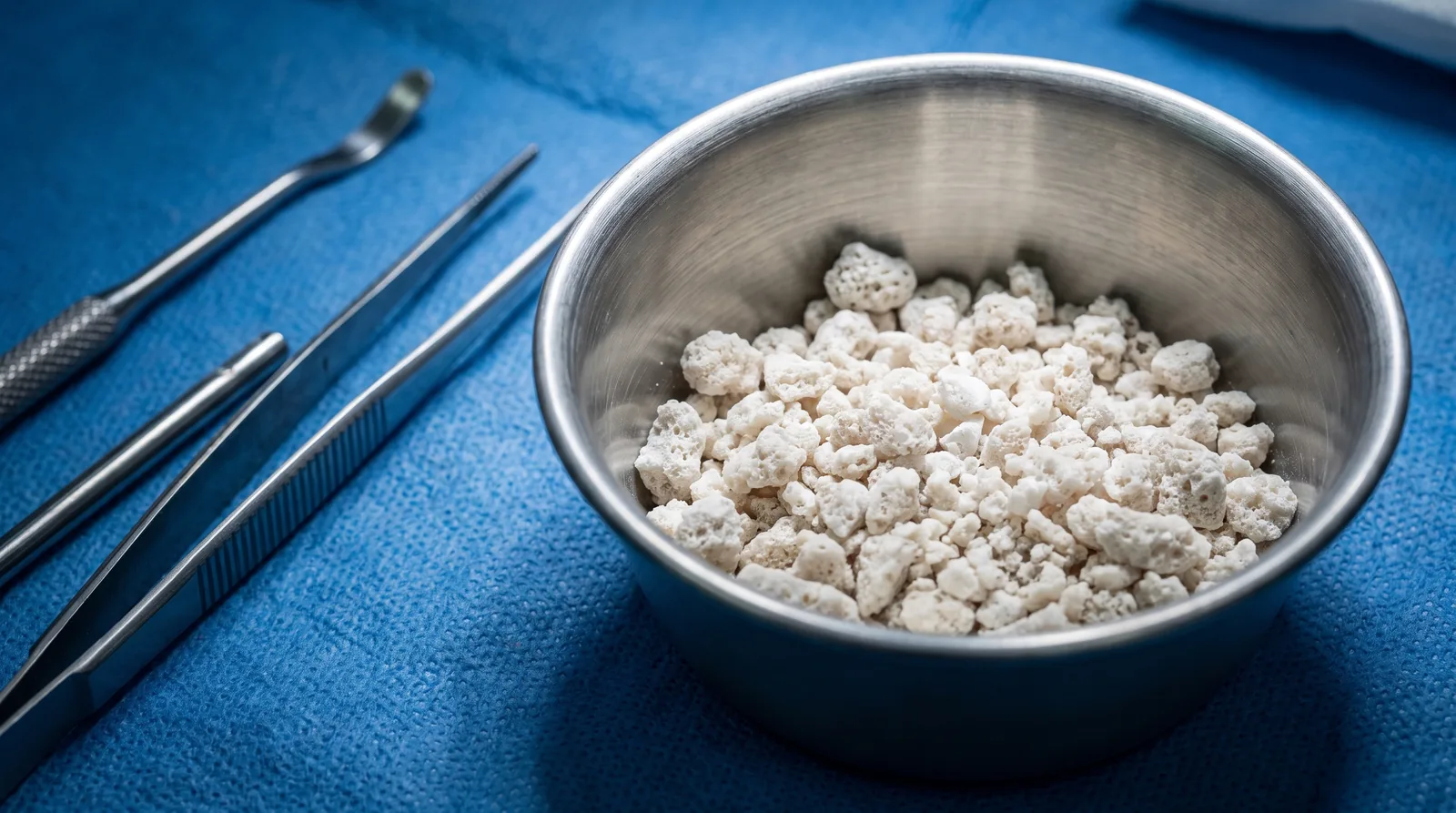 Close-up of granular bone graft material in a small sterile dish beside surgical instruments on a tray