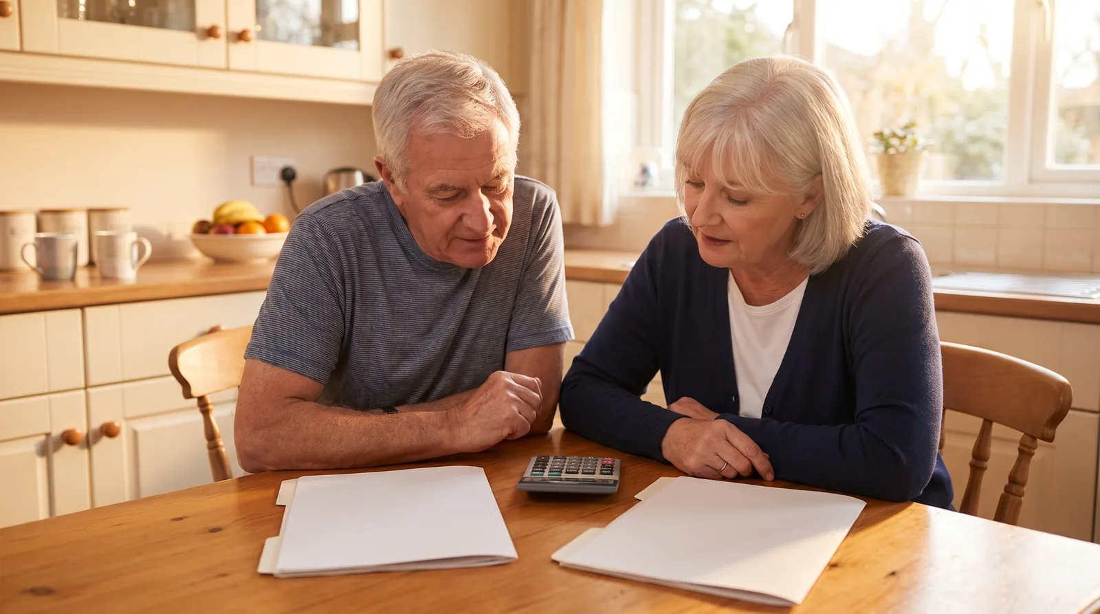 Older couple at a kitchen table comparing two dental plan brochures side by side with a calculator