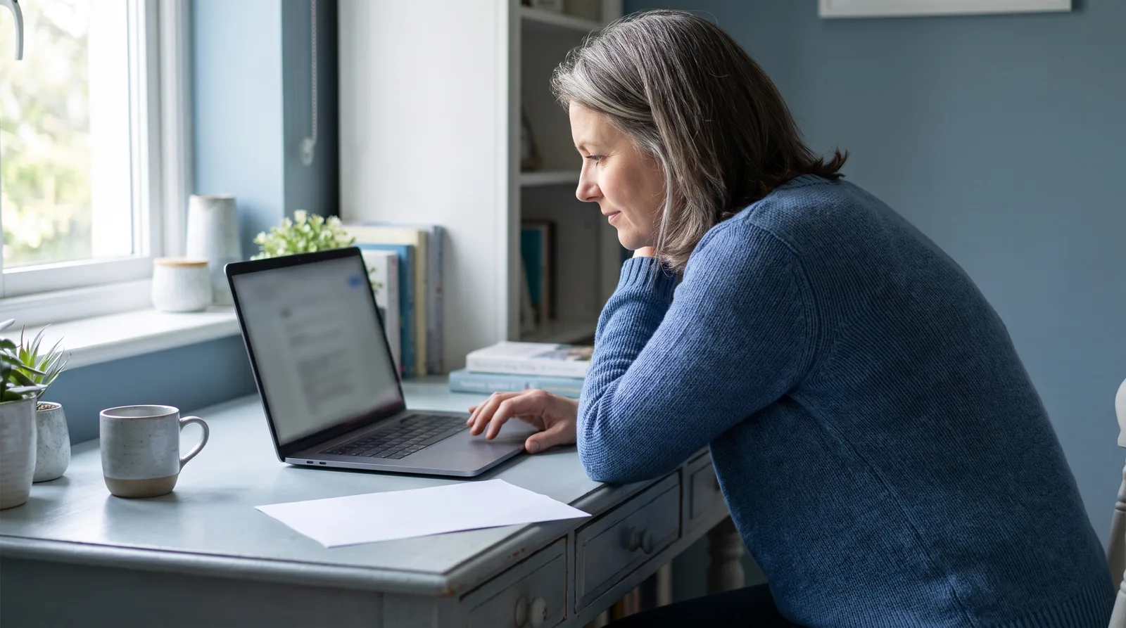 Woman at a home office desk reading her dental plan summary on a laptop with a treatment estimate beside it
