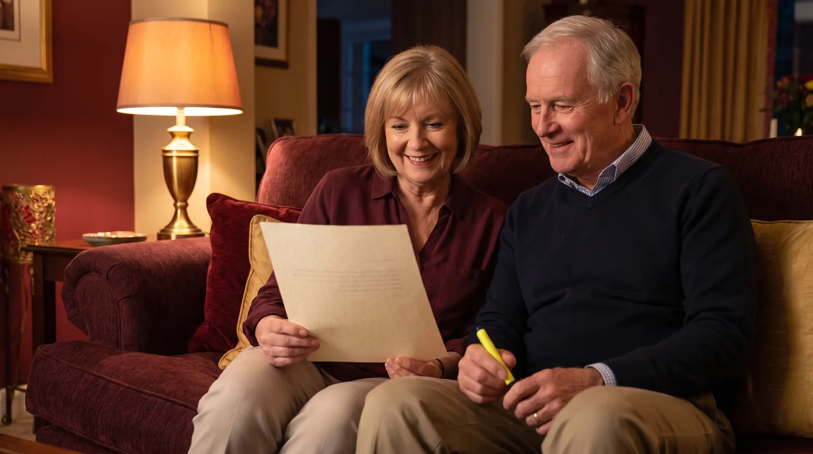 Older couple reviewing a Medicare Advantage dental benefits brochure with a highlighter