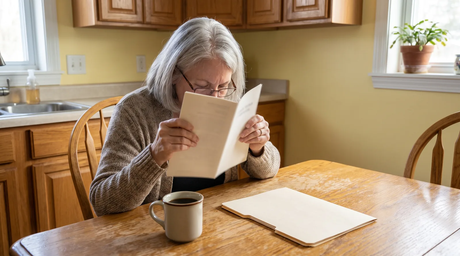 Patient reading a dental insurance benefits summary at a kitchen table with a treatment plan beside it