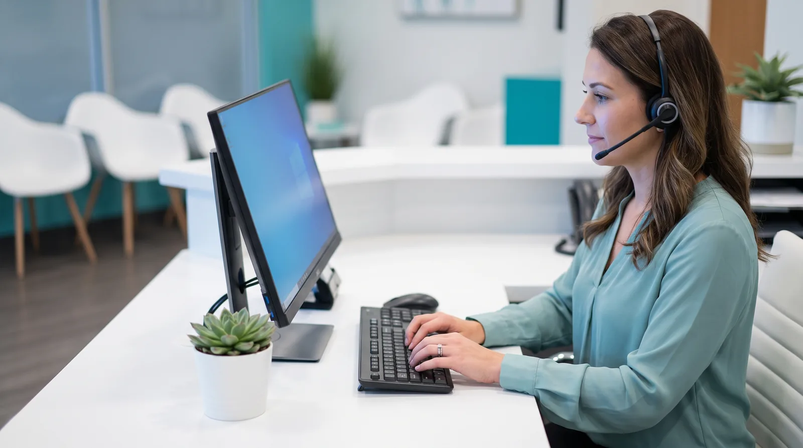Treatment coordinator submitting a pre-treatment estimate to an insurance portal on a desktop computer