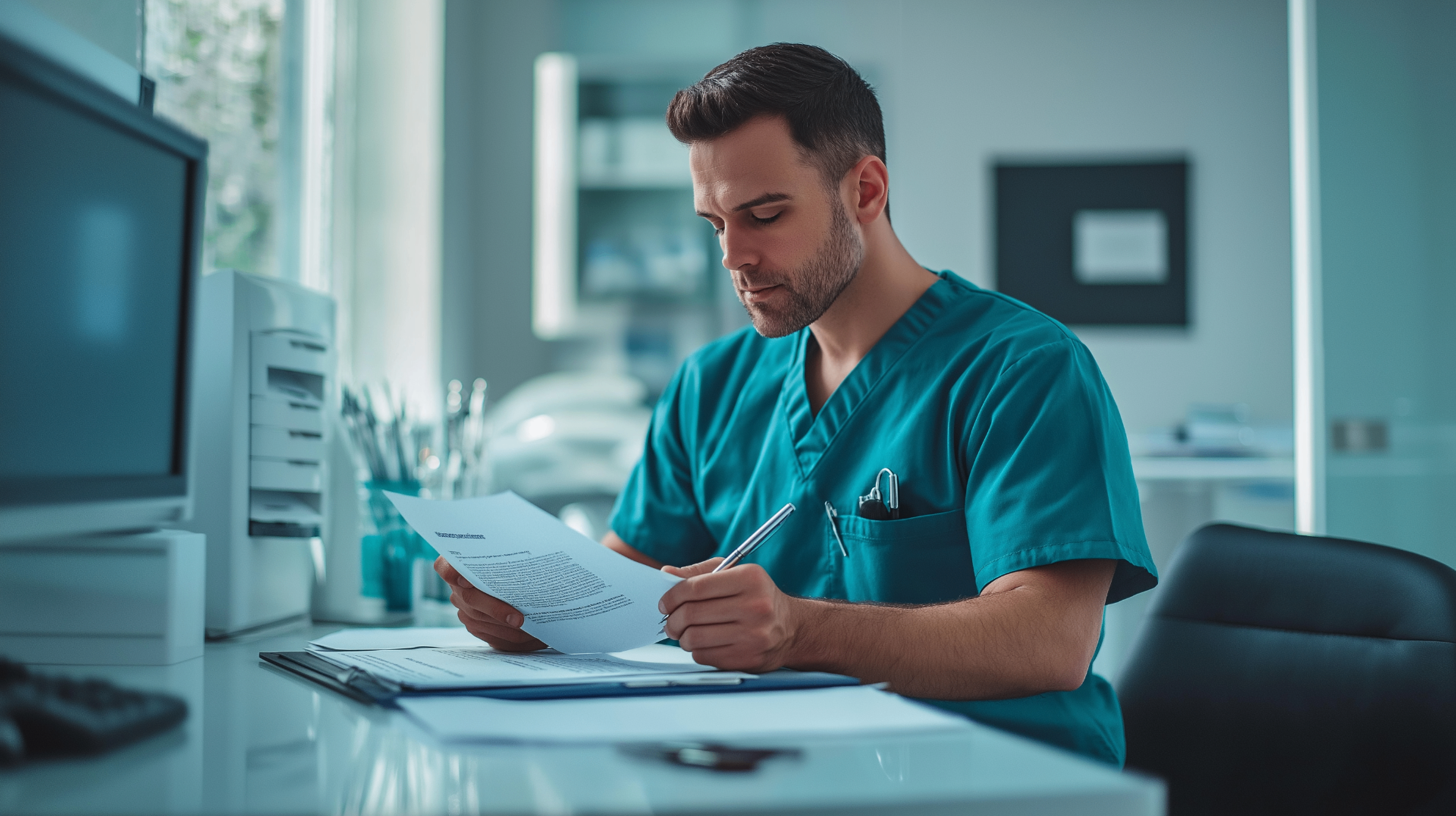 Dental surgeon in scrubs reviewing a partnership agreement document at his office desk