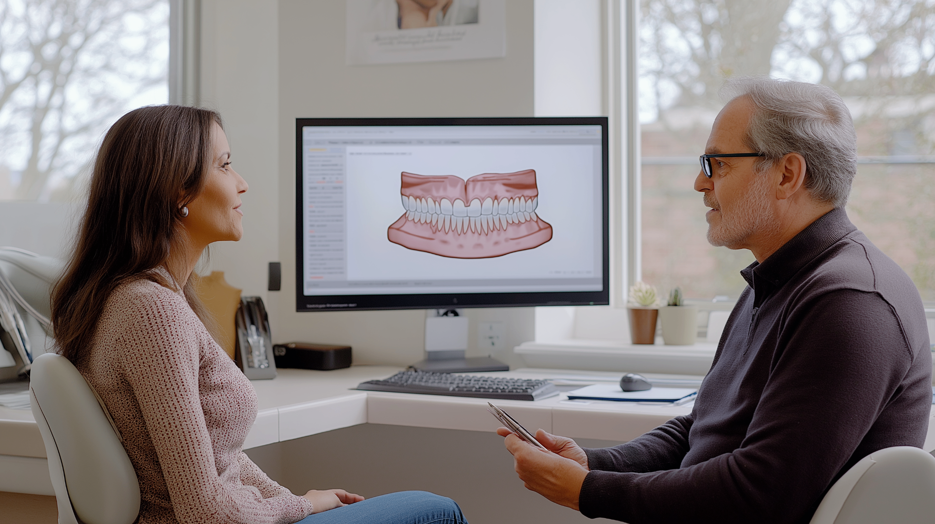Dental implant specialist discussing a full-arch treatment plan with a patient during a consultation