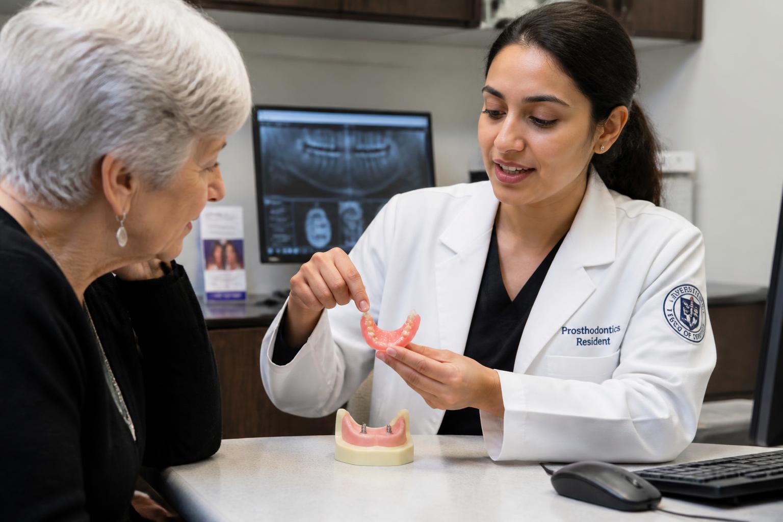 Dental school resident explaining a low-cost implant-supported snap-in denture to a senior woman
