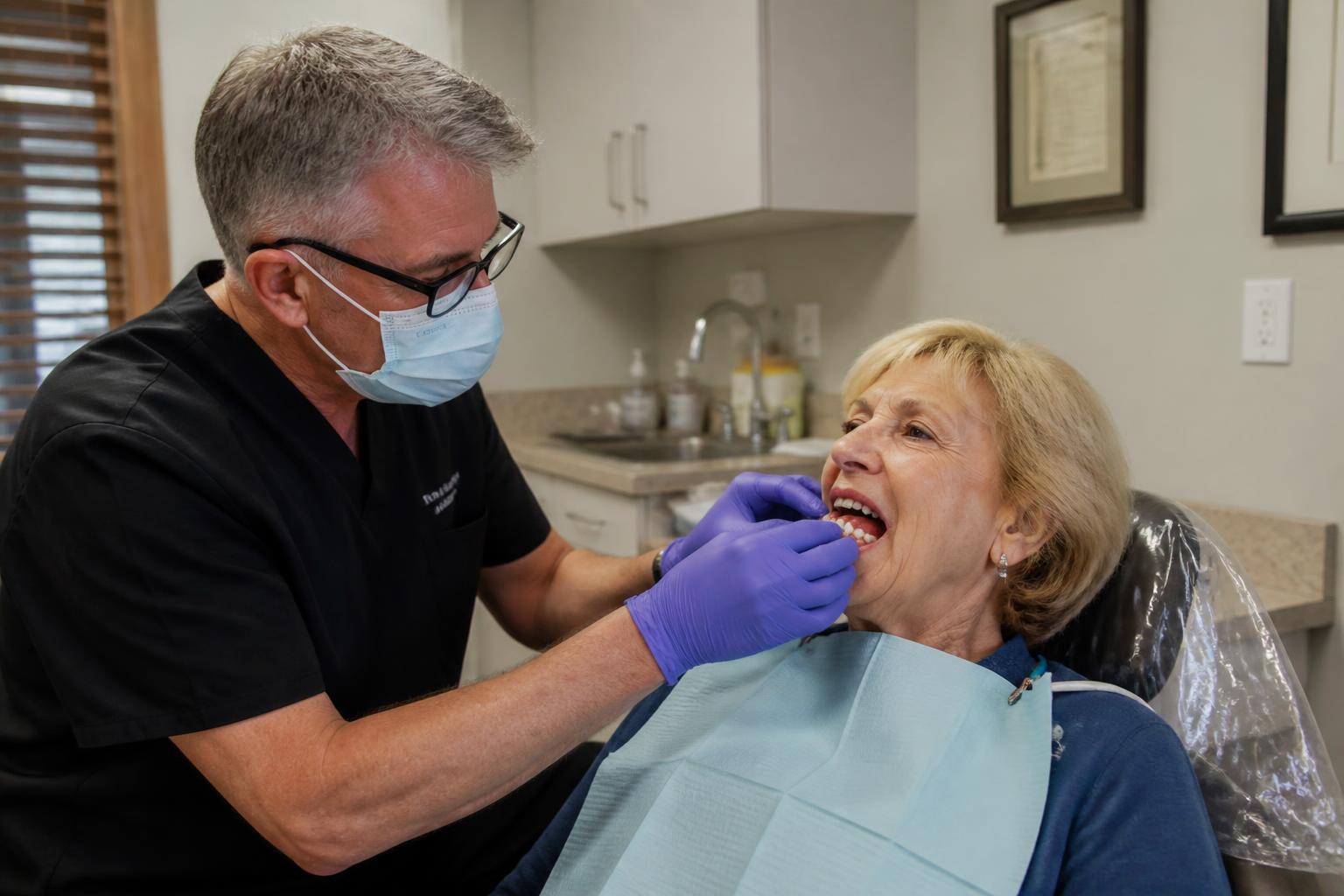 Volunteer dentist fitting free dentures for a senior patient through a donated dental services program