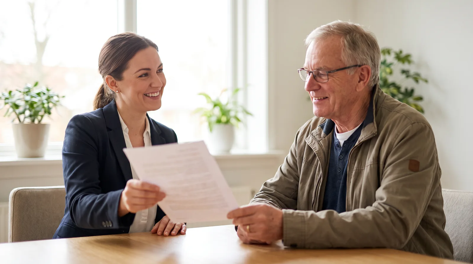 Treatment coordinator handing a patient a single printed summary page at the end of a consultation, page out of focus