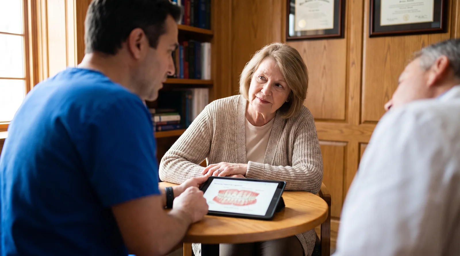 Surgeon and patient seated at a round consultation table with a tablet between them, patient listening, warm light