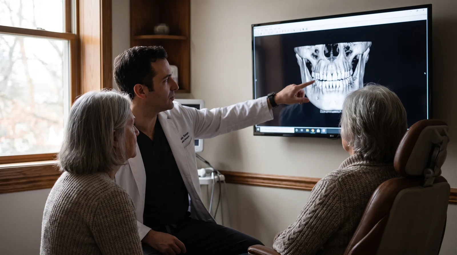 Surgeon pointing at a jaw CT scan on a wall monitor while a patient watches, scan showing only the image