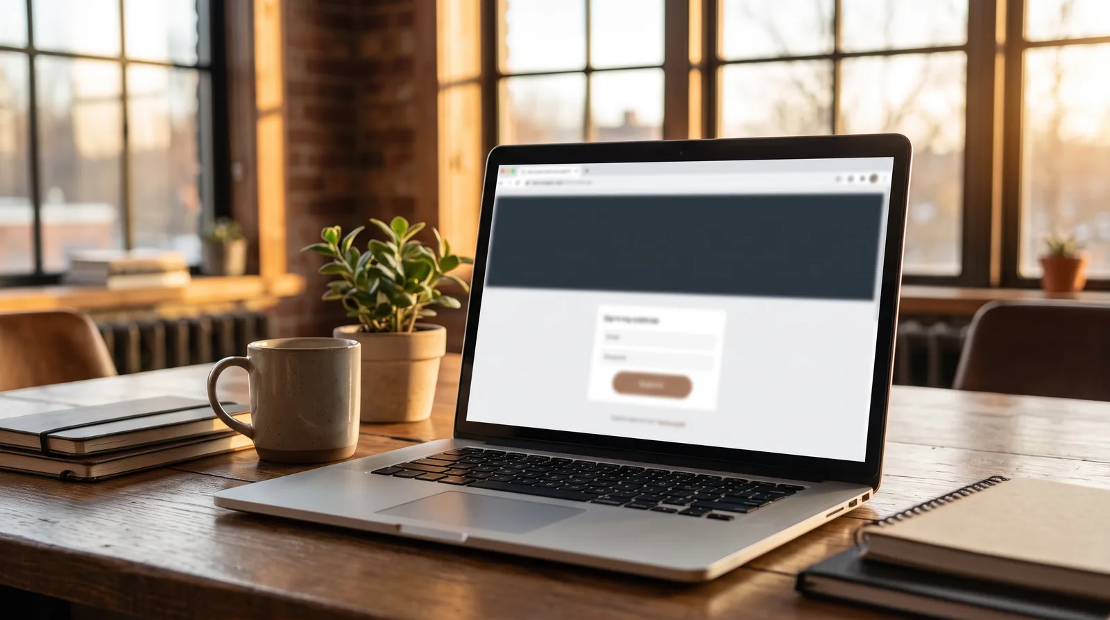 Laptop on a desk showing a blurred landing page with a large headline area and a form, warm office light