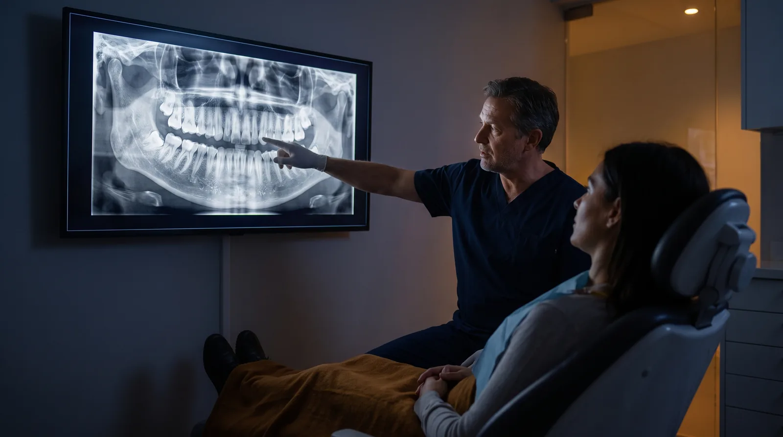 Patient holding a printed full-mouth treatment plan while a surgeon points to a CT scan on a wall monitor
