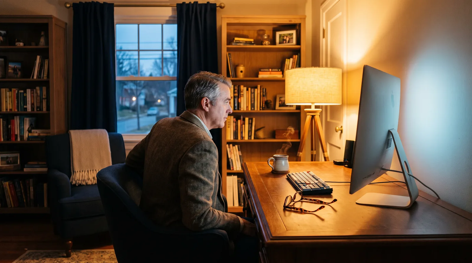 A desktop computer on a home office desk showing a Bing search for "all on 4 dental implants cost," with reading glasses beside the keyboard