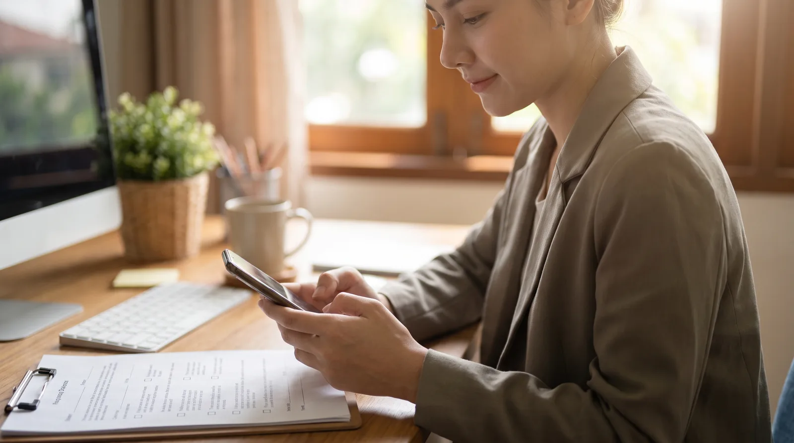 Treatment coordinator at a desk sending a text message from a phone, a printed checklist beside her, text out of focus