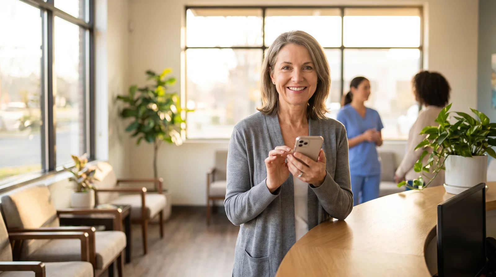 Smiling patient holding a phone in a dental reception area, screen angled away, staff member nearby