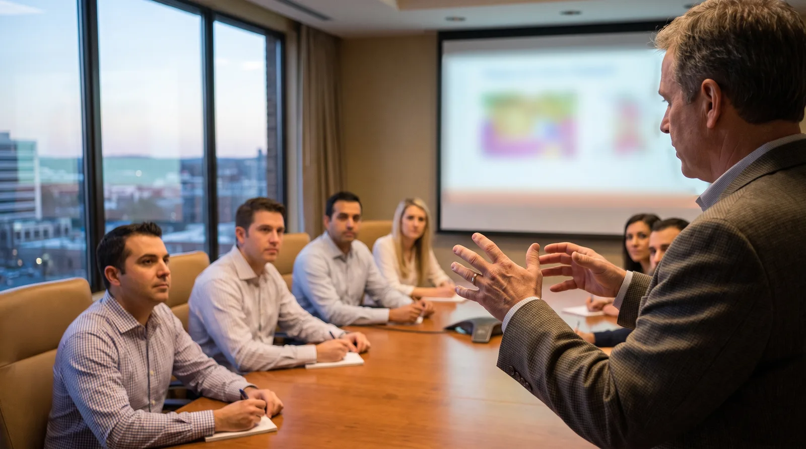 Specialist presenting a case review to a small group of general dentists in a conference room, slides blurred