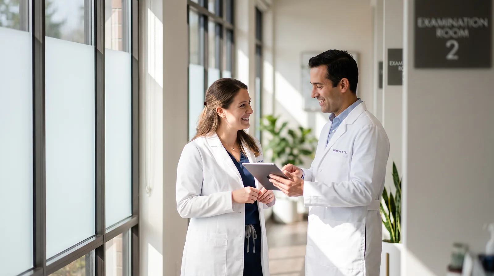 Two dentists talking in a bright office hallway, one holding a tablet, relaxed and collegial