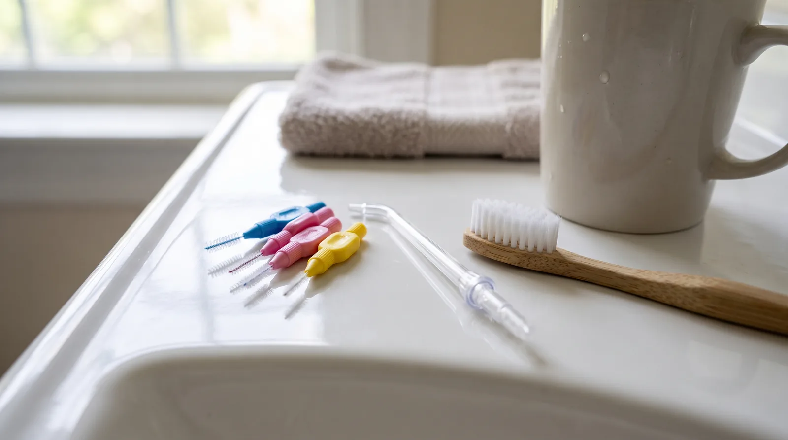 Close-up of interdental brushes and a water flosser tip beside a toothbrush on a clean bathroom counter