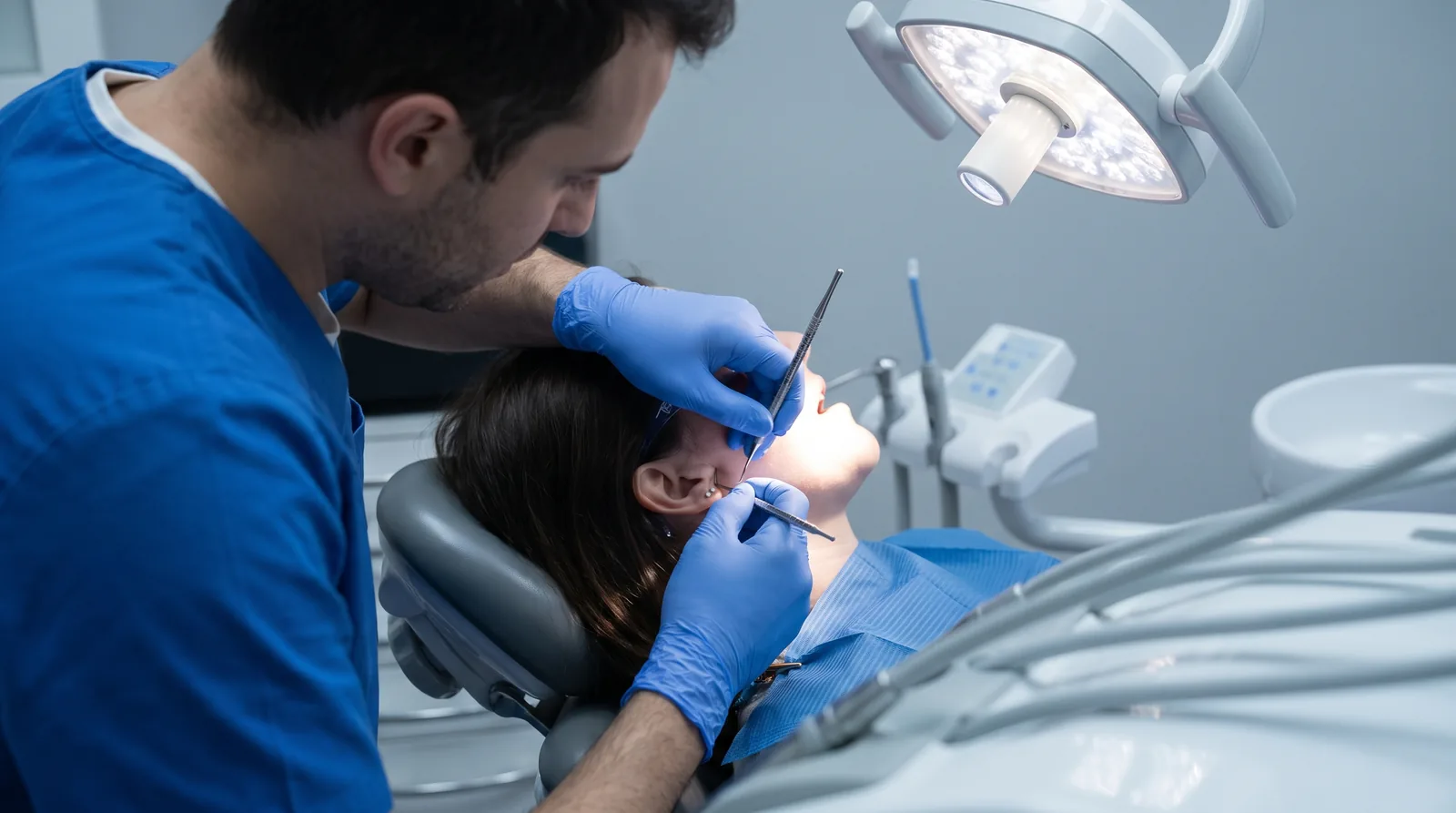 Periodontist measuring gum pockets with a probe on a reclined patient, bright clinic light, close view from the side