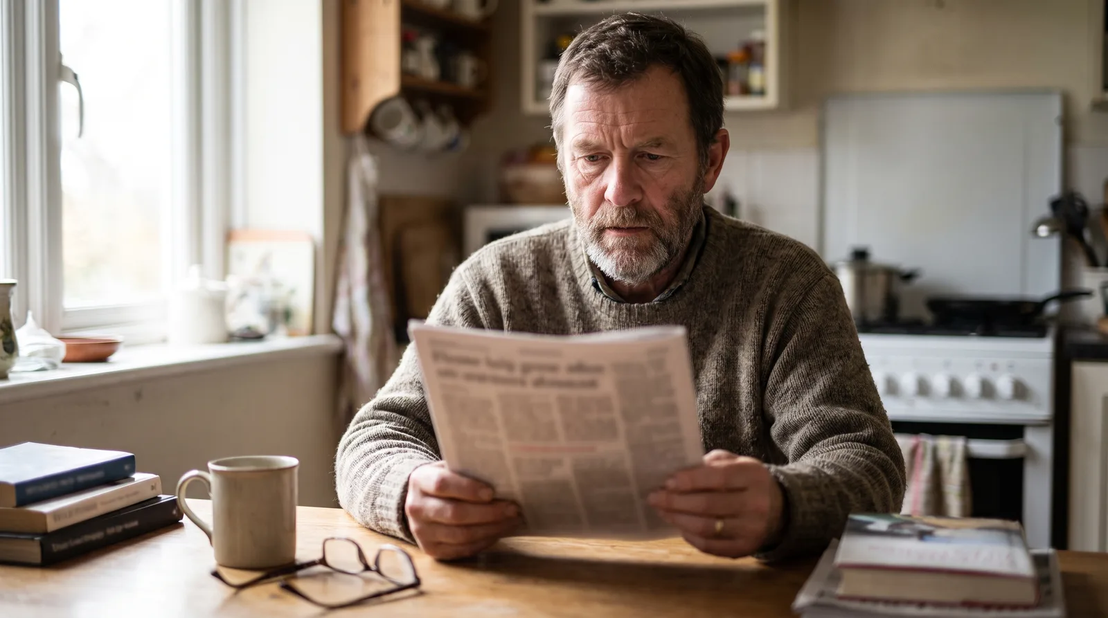 Patient at home reading a printed guide at a kitchen table, page out of focus, thoughtful expression