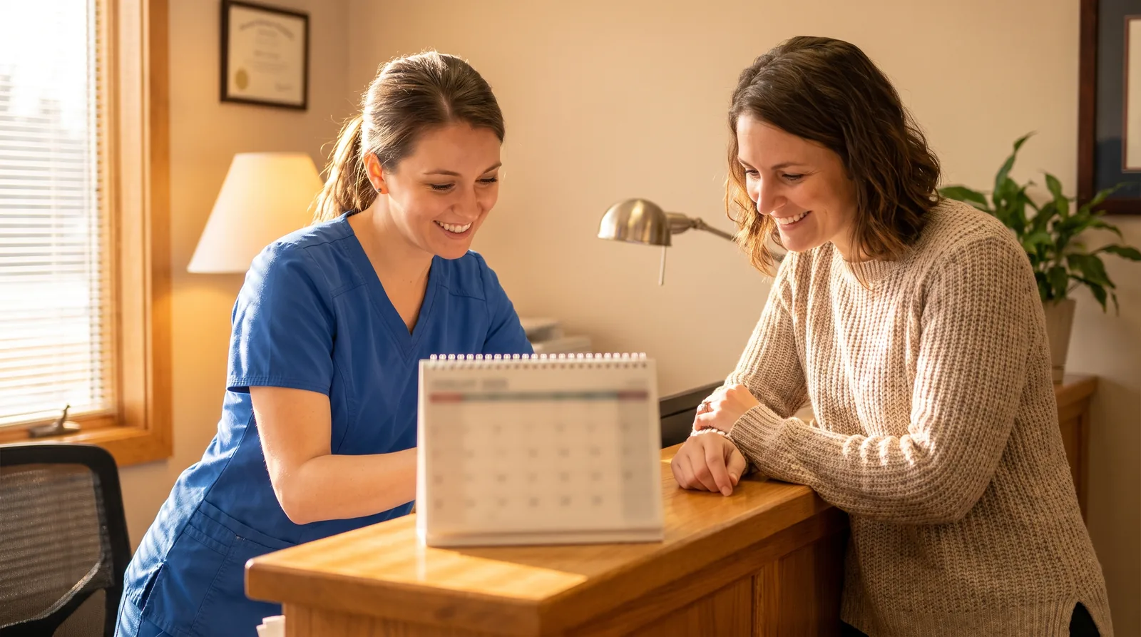 Dental hygienist reviewing a maintenance schedule with a patient at a reception desk, calendar page blurred