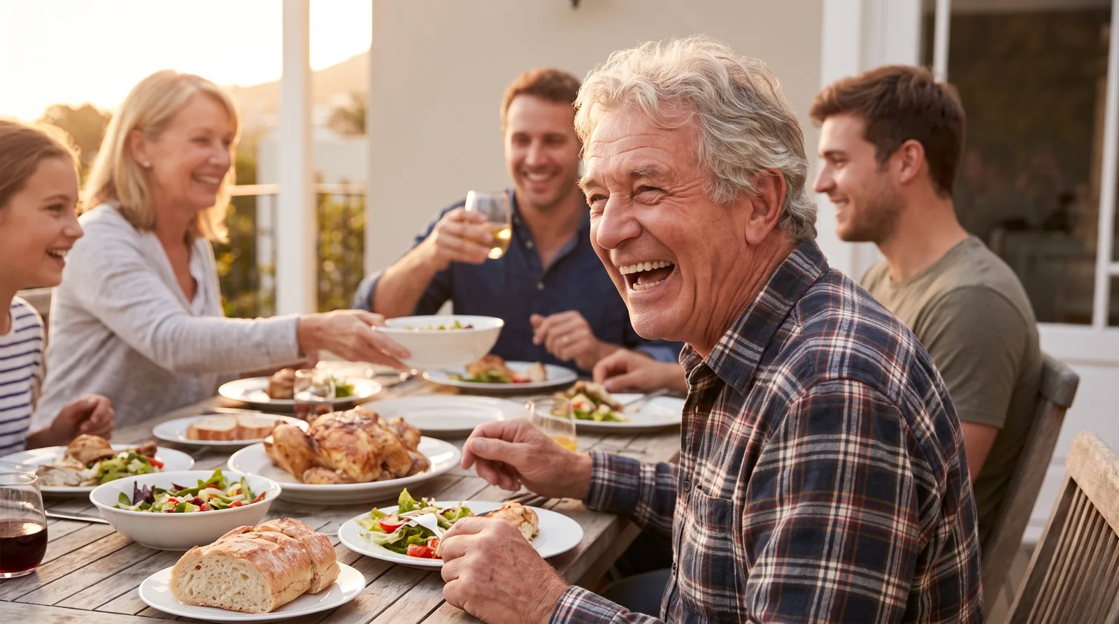 Older man in his seventies laughing while eating dinner with family, warm evening light, healthy natural-looking smile