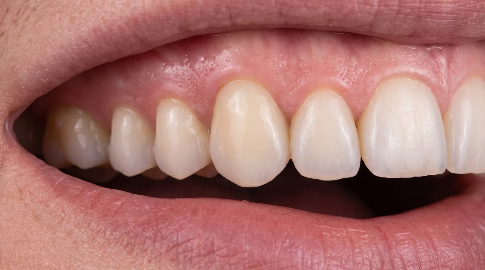 Close-up of a well-maintained single implant crown next to natural teeth, healthy pink gum, clinical photograph